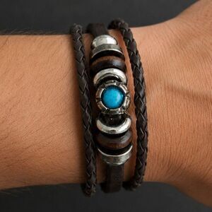 Brown Ibiza Vegan Leather Multi-Strand Cuff Bracelet Turquoise Accent